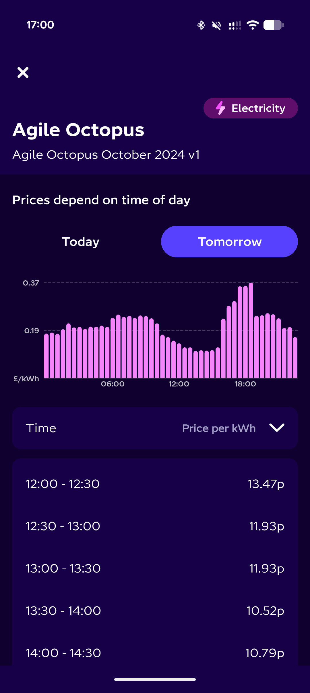 A digital screen shows electricity pricing information and graphs for the Agile Octopus tariff, highlighting price fluctuations throughout the day.